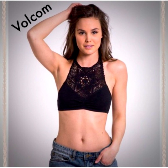 VOLCOM | Black Crochet Flower Halter Top Bralette NEW - Picture 9 of 9